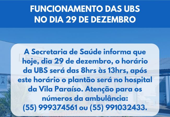 Comunicado: funcionamento das UBS no dia 29 de dezembro