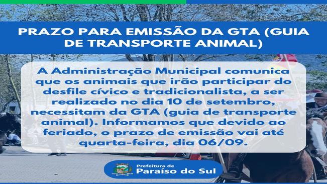 Prazo para emissão da GTA (Guia de Transporte Animal)